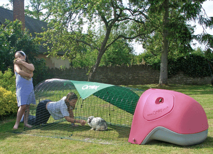 Image of two girls introducing their rabbits into the Eglu for Rabbits.