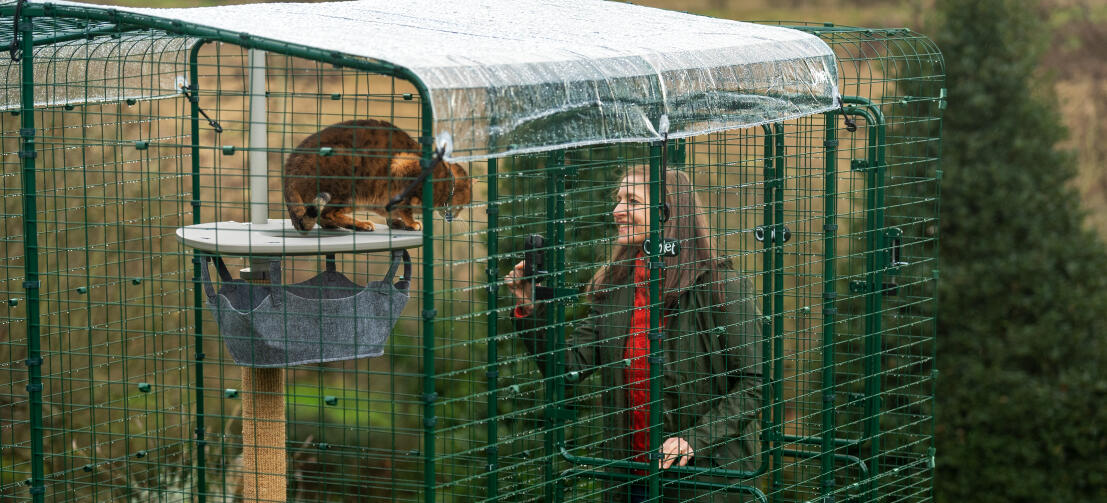 Eigenaar in interactie met haar kat vanuit de kattenren veranda