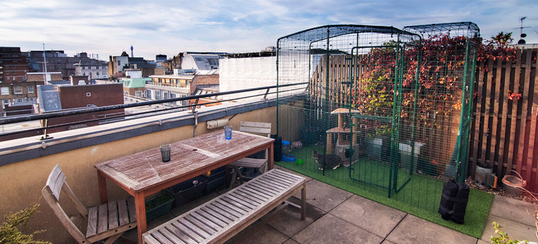 Ideaal voor gebruik in stedelijke gebieden. De balkon kattenren kan in de breedte worden uitgebreid om de beschikbare ruimte optimaal te benutten - u kunt zelfs een portaal toevoegen voor nog meer veiligheid!