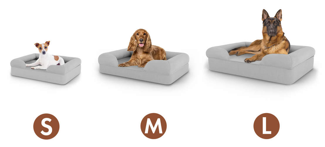 Het Omlet bolster hondenbed is er in drie verschillende maten.