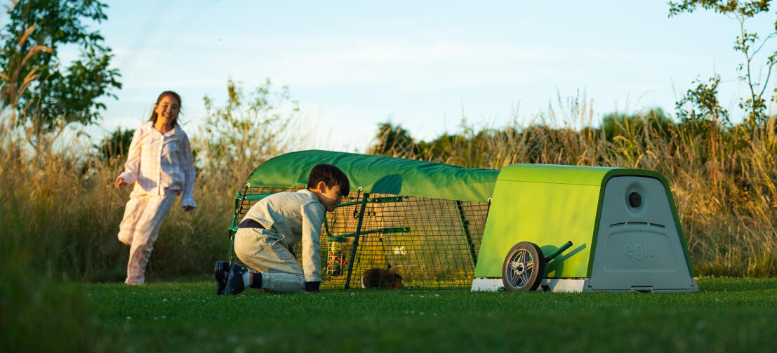 Twee kinderen in interactie met hun cavia's naast het hok in de tuin.