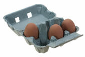 Blauwe eierdoos met drie eieren in