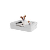 Hond zittend op kleine steen grijs traagschuim bolster hondenbed
