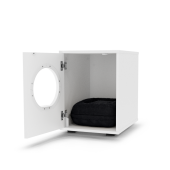 Binnenhuis kattenhuis meubel met deur open en zwart Maya donut kattenbed binnen