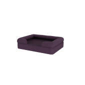Een paarse bolster hondenbed.