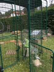 De open deur van een groene inloopren met een overkapping in een tuin