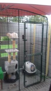 Een balkon kattenren met een kattenboom erin.