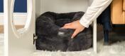 Persoon die zwart Maya donut kattenbed plaatst in Maya binnenkattenhuis