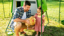 Man met zijn dochter die een kip vasthoudt in een kippenren