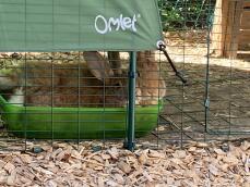 Twee konijnen verstoppen een Omlet voederbak.