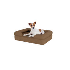 Hond zittend op klein mokka bruin memory foam bolster hondenbed