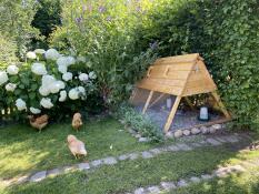 Een houten kippenhok in een tuin met witte en paarse bloemen op de achtergrond