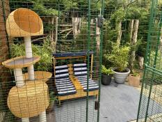 Een catio geïnstalleerd met stoelen en veel katten accessoires