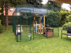 Een grote inloop ren catio setup voor katten met speelGoed, katten tress, krabben en accessoires binnen