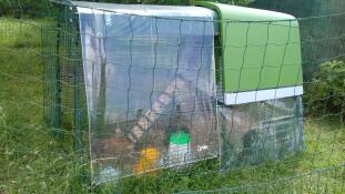 Een groen Go kippenhok met een ren en een overkapping achter een kippenhek.