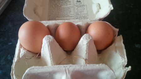eerste drie eieren - de grote was een dubbele dooier!
