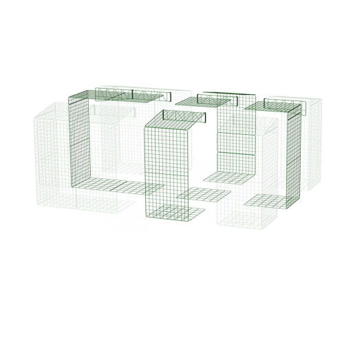 Een schema van een inloopren met vloergaas dat verandert van een 3x2x2 in een 4x3x2