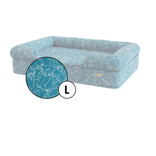 Grote bolster hondenbedovertrek in teal doodle hondenprint van Omlet.