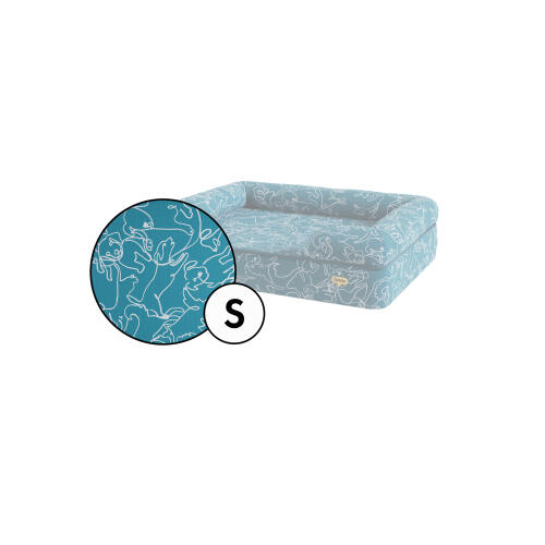 Kleine bolster hondenbedovertrek in teal doodle hondenprint van Omlet.