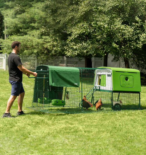 Een man die zijn Eglu Cube kippenhok verplaatst