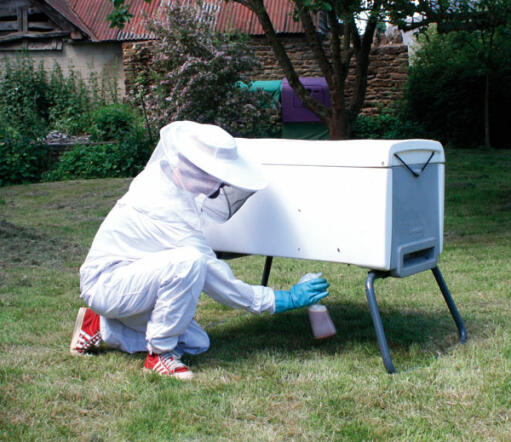 Een witte Beehaus bijenkorf met vloeibare smooker wordt gebruikt.