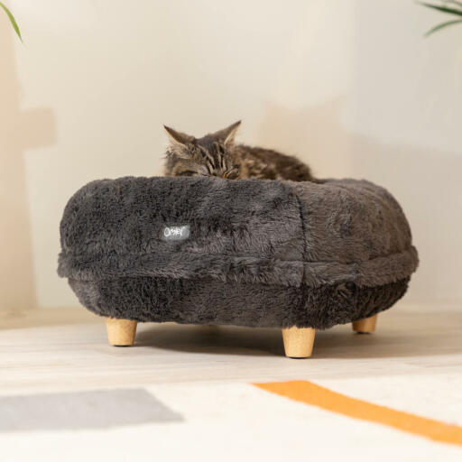 Kat slaapt op Omlet Maya donut kattenbed in vroeg grijs