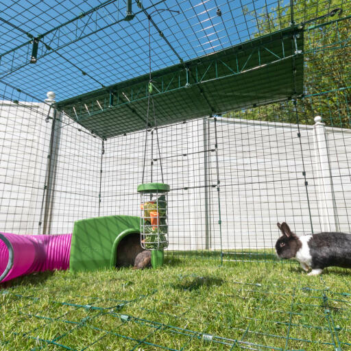 Een Omlet konijnenren met schuilplaats en tunnel.