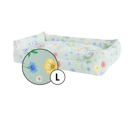 Large nest dog bed cover in gardenia sage print van Omlet.