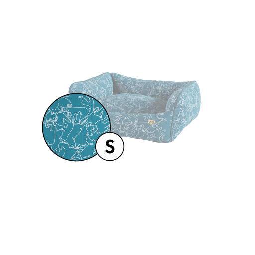 Small nest dog bed cover in teal doodle dog print by Omlet.