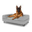 Hond zittend op een groot Topology hondenbed met grijze bolster topper en zwarte metalen haarspeld voeten Hond zittend op een groot Topology hondenbed met grijze bolster topper en zwarte metalen haarspeld voeten