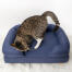 Schattige kat wordt gezellig op middernacht blauw schuim kat bolster bed