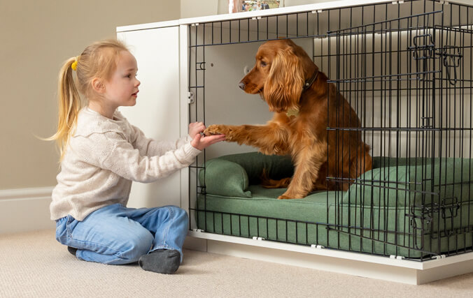 kind spelend met een hond in een hondenbench