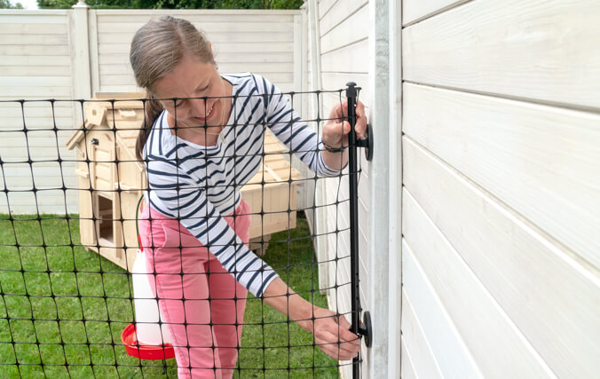 Vrouw bevestigt Omlet afrastering voor kippen aan een houten schutting in de tuin