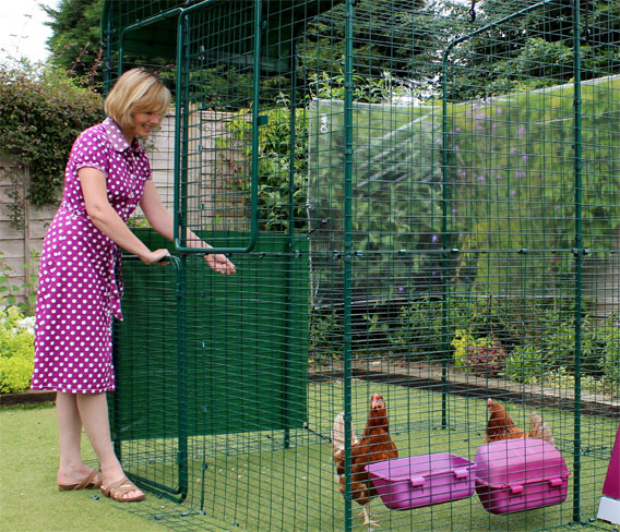 Women opening top half of stable door to the Omlet walk in chicken run.