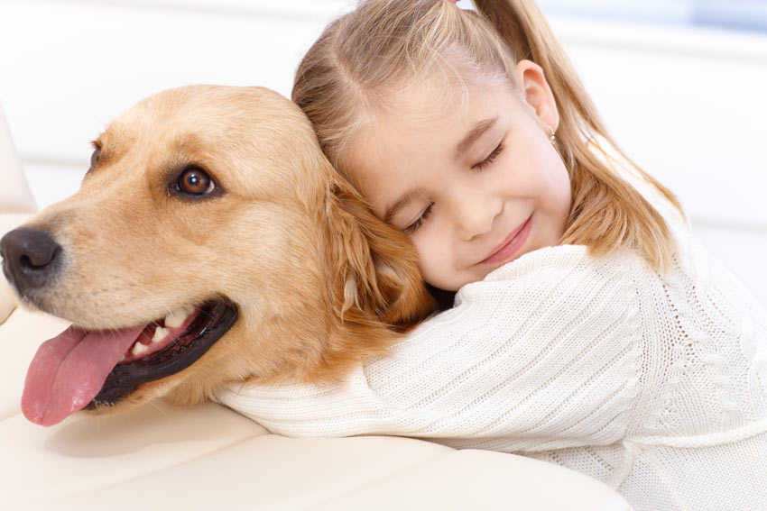 Een klein meisje knuffelt haar golden retriever