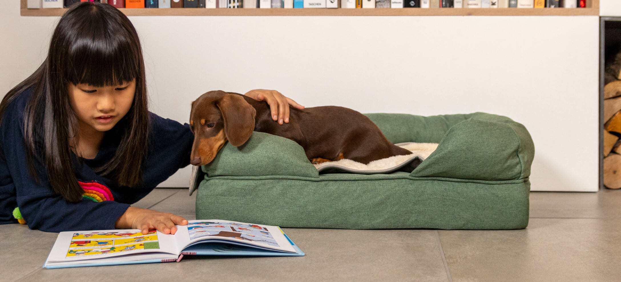 Girl with her Dachshund on Omlet Bolster Dog Bed