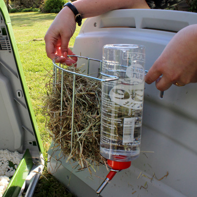 Attaching the hay rack and water bottle to the back panel of the rabbit hutch