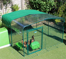 Omlet walk in chicken run with clear and green roof covers.