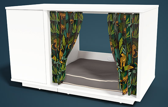 A Maya Nook cat house with customized curtains and cat bed