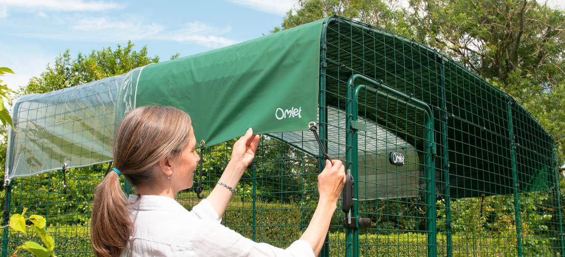 Vrouw die de catio cover vastmaakt voor de outdoor walk in run Vrouw die de catio cover vastmaakt voor de outdoor walk in run