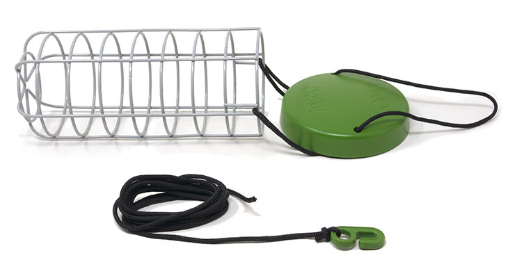 The Caddi rabbit feeder on a white background featuring adjustable nylon string and rain cap
