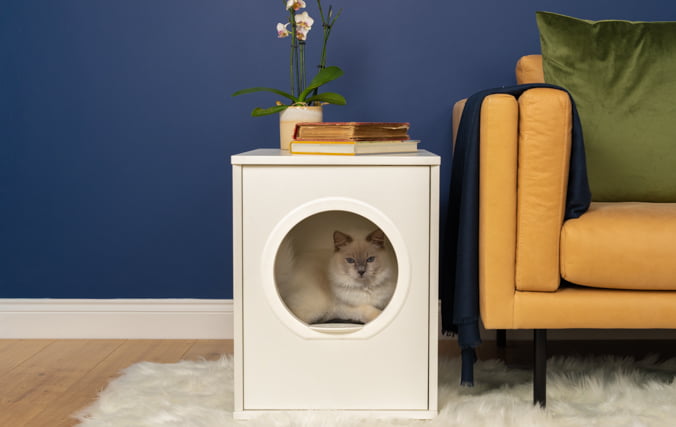 Een stijlvol kattenmand-meubelstuk met  een witte kat, dat geweldig staat in elk interieur